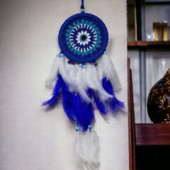 Nazar Boncuğu Desenli Bol Kuş Tüylü Lacivert Dream Catcher El Yapımı Duvar Dekoru