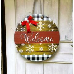 Dijital Baskı Kırmızı Kurdeleli İncili Welcome Kapı Süsü 30 Cm Kapı Süsü